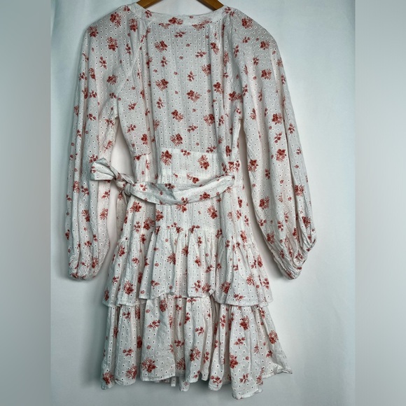 Maia Bergman Ines Ruffled Floral Eyelet Mini Wrap Dress White /Pink Size  XL - Picture 7 of 10